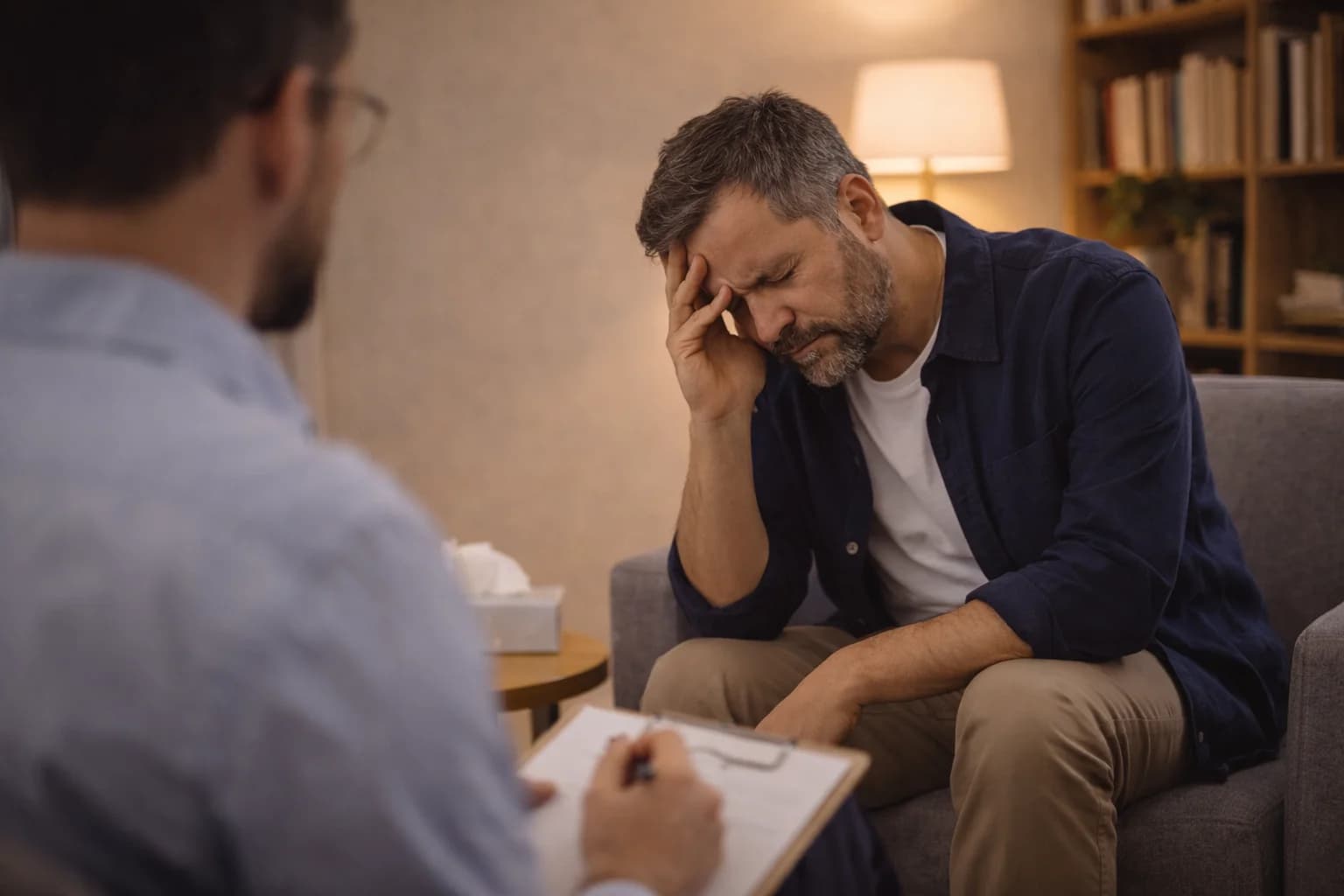 Sesja psychoterapeutyczna — mężczyzna podczas rozmowy z terapeutą