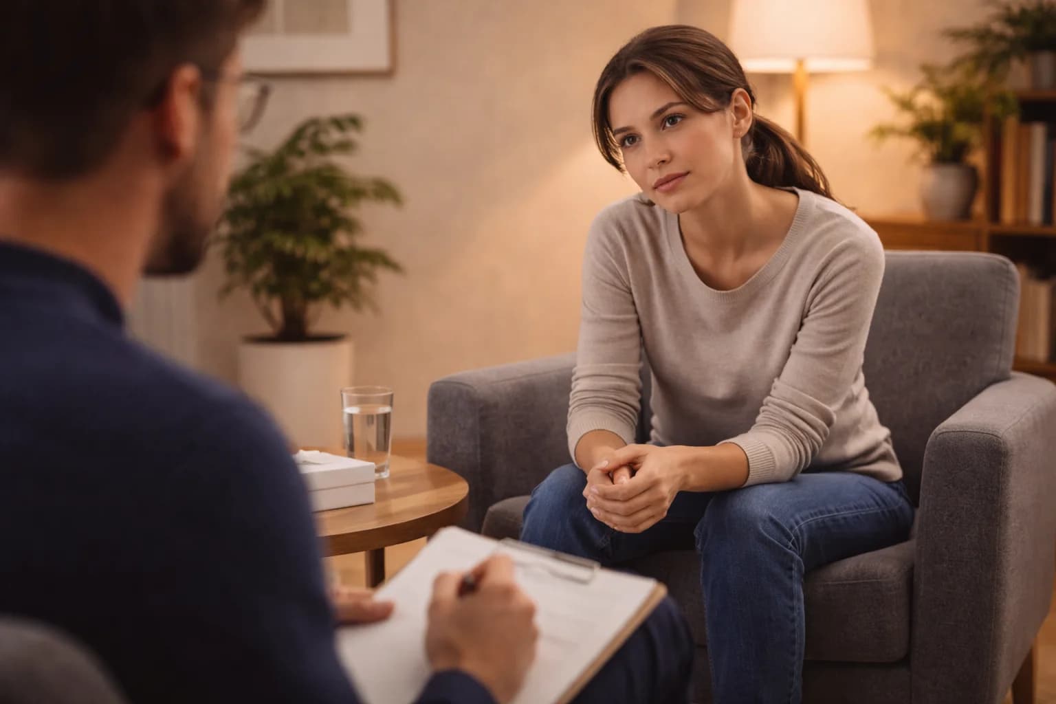 Psychoterapia indywidualna — kobieta podczas sesji terapeutycznej