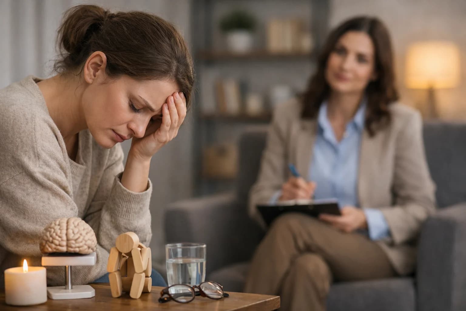 Sesja psychologiczna — pacjentka na wizycie u psychologa